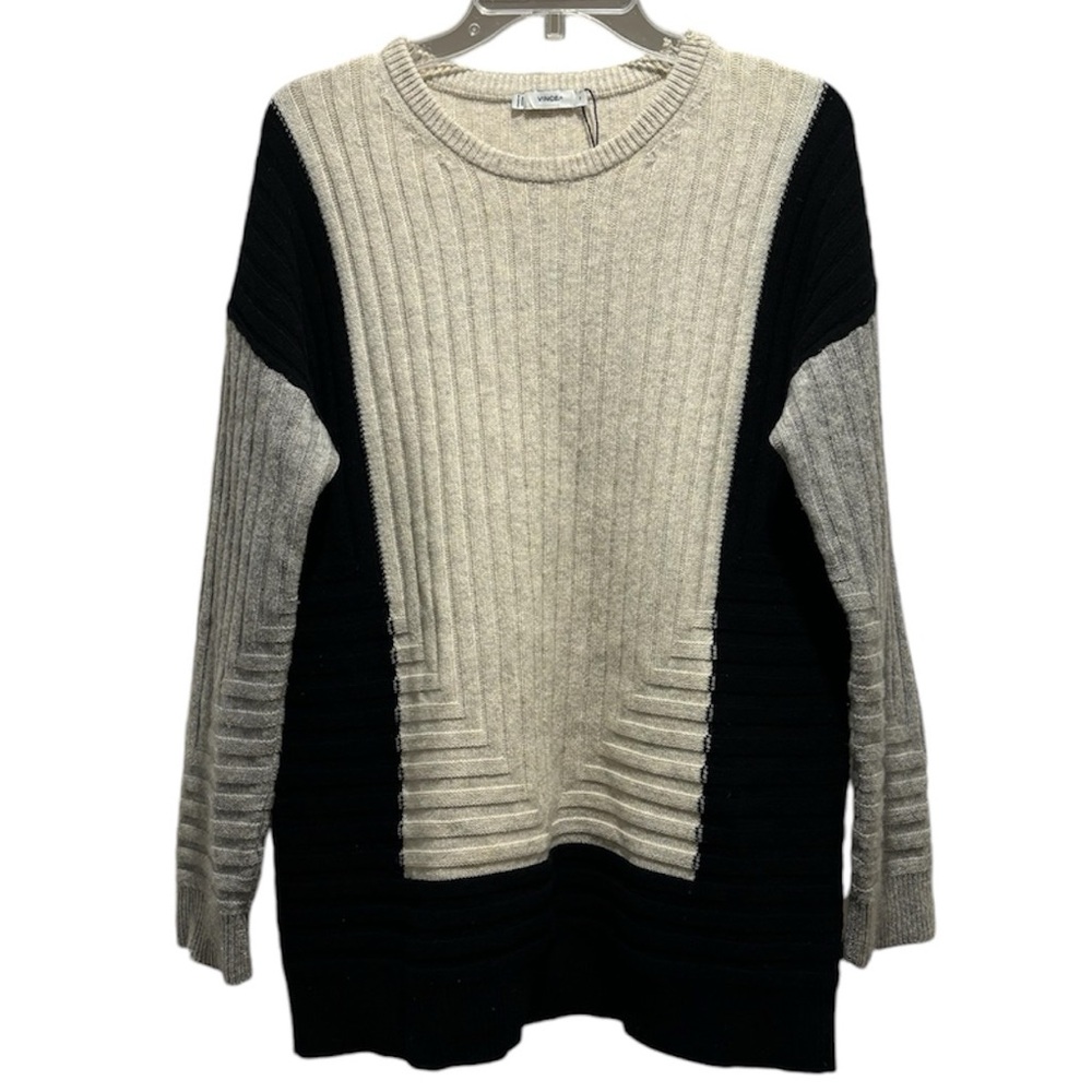 Vintage Vince Colorblock Intarsia Crew Sweater Heather Black Steel Wool Cashmere - Picture 11 of 12